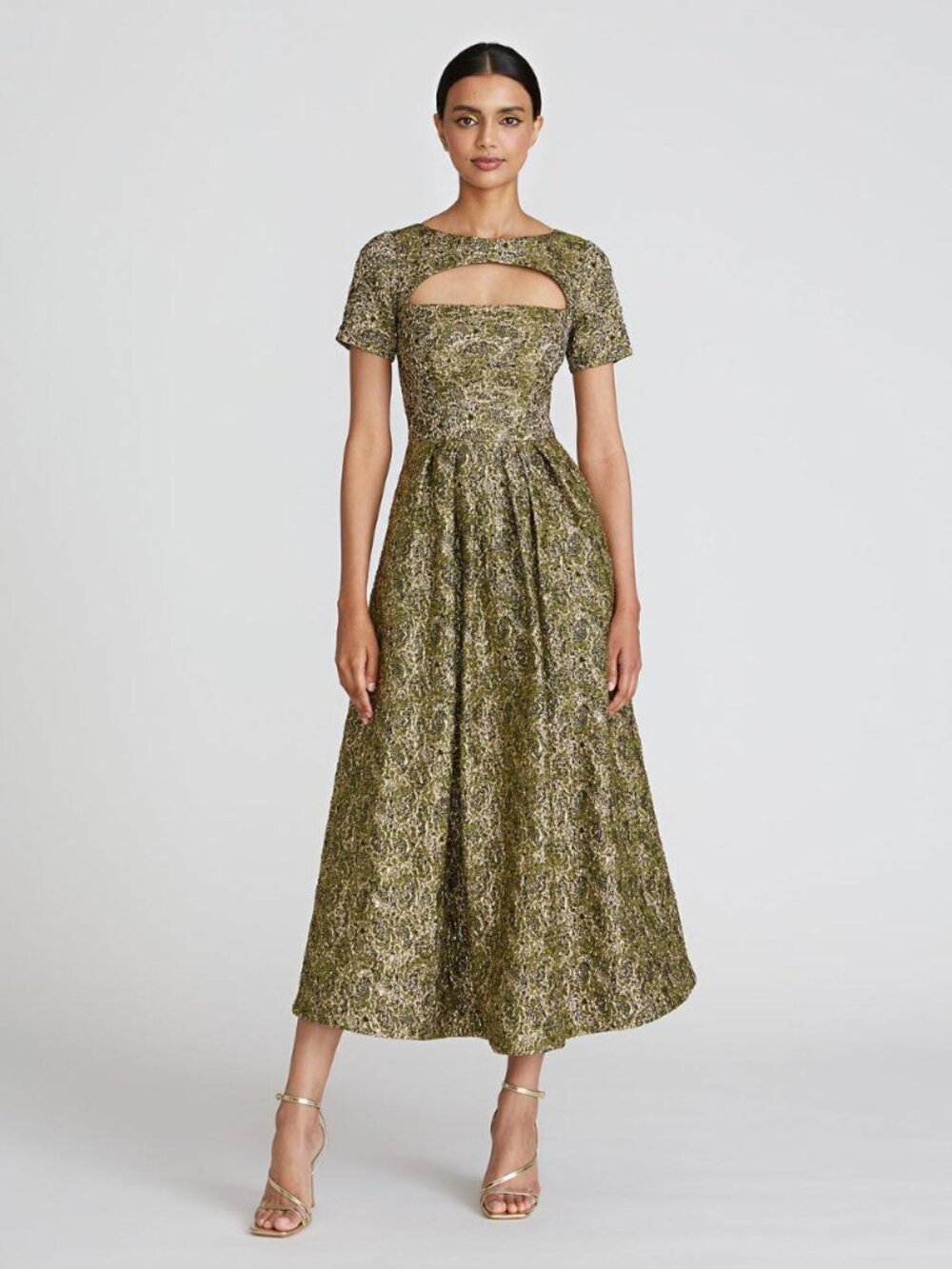Theia Natasha Tea Length Gown Cutout Jacquard Gold Floral Formal Size 0